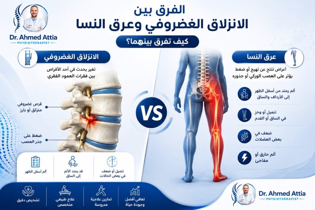 الفرق بين الانزلاق الغضروفي وعرق النسا: كيف تفرق بينهما؟ الفرق بين الانزلاق الغضروفي وعرق النسا .