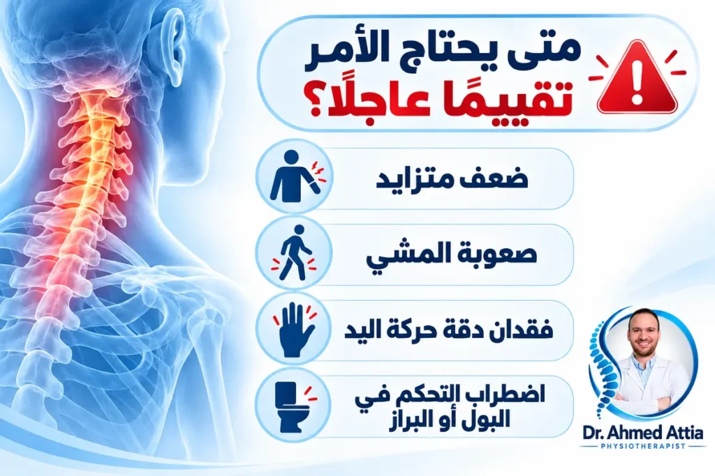 علامات خطورة الانزلاق الغضروفي العنقي التي تحتاج تقييمًا عاجلًا